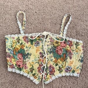Cider Floral Lace-Up Crop Top - Multicolor